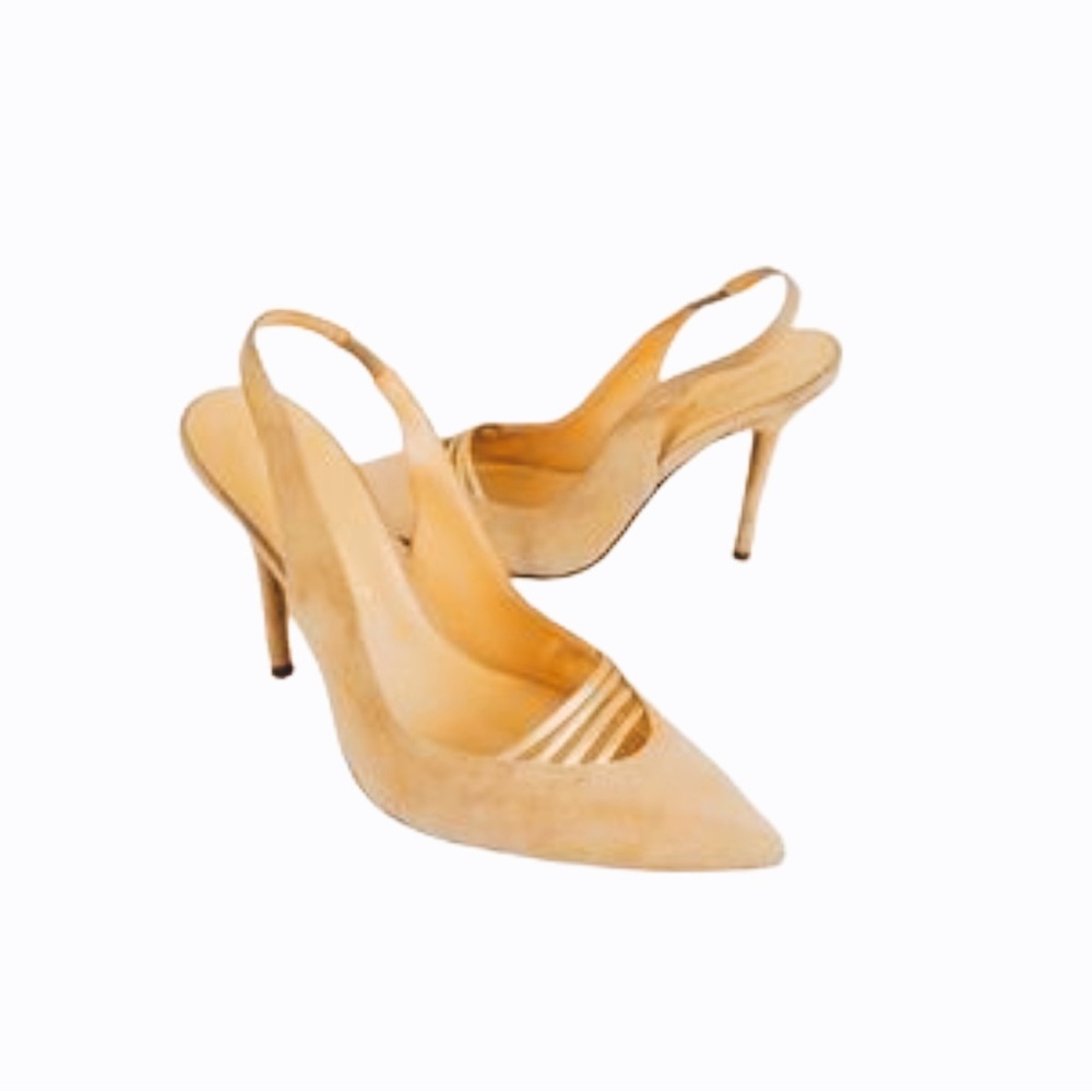 Audrey Brooke Tan and Gold Suede Heels, Sz. 8.5